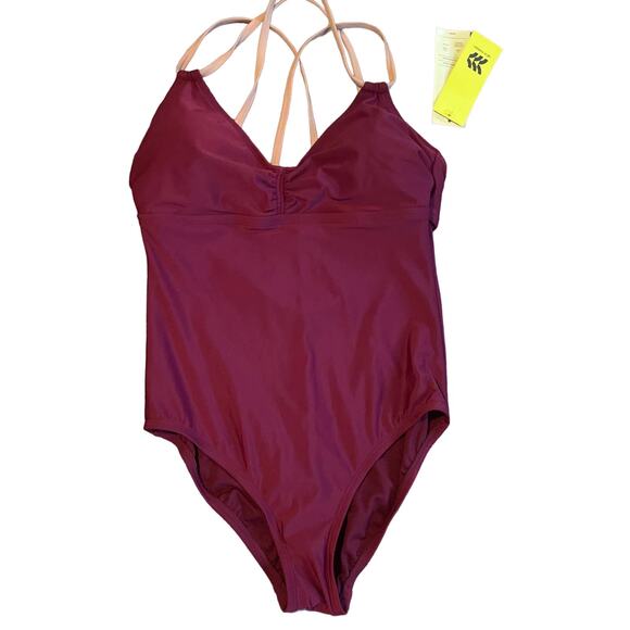 All in Motion Womens V-Neck One Piece Swimsuit Spaghetti Strap Size M Burgundy - Picture 2 of 3